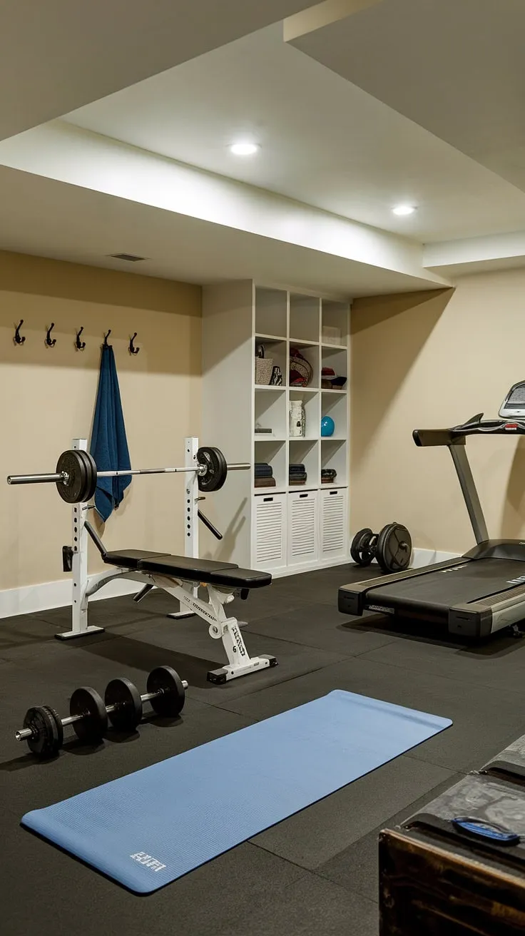 Your dream workout space awaits. This indoor gym, cleverly designed within a basement, boasts a complete gym setup including gym equipment for strength training and cardio.  From the weightlifting bench and dumbbells to the treadmill and yoga mat, this fitness area offers a versatile training space for your home fitness journey.  The efficient gym design makes this fitness studio a perfect exercise room.