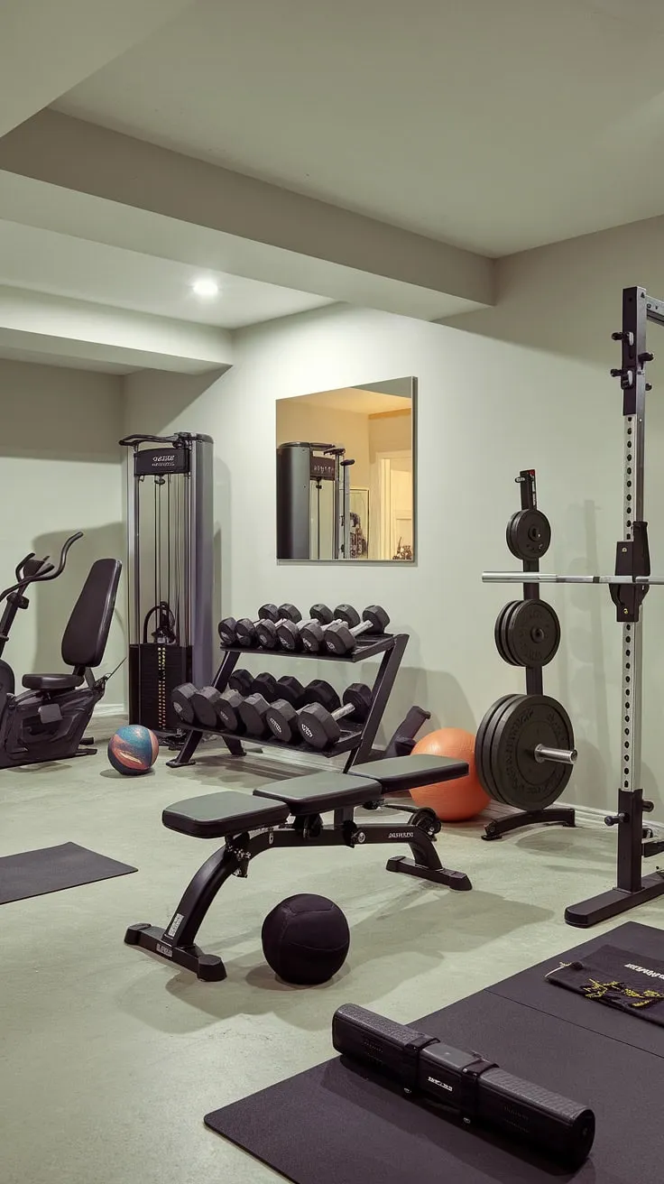 This indoor gym is the epitome of home gym design.  Every piece of fitness equipment, from the weight plates to the medicine ball, has its place in this thoughtfully planned workout area.  Your personal training space awaits—a basement gym transformed into a functional and inspiring fitness room, perfect for strength training, cardio workouts, and everything in between.  This fitness area is your dedicated exercise room, a weightlifting space and cardio area all in one.