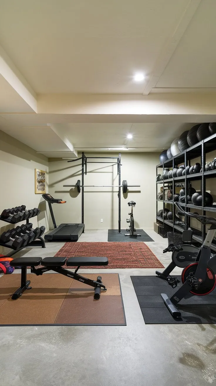 Transform your basement into the ultimate fitness haven. This personal gym, a meticulously designed workout space, boasts a comprehensive gym setup including strength training equipment like a weightlifting bench and dumbbells, a dedicated cardio area with a treadmill and stationary bike, and ample storage for all your fitness equipment.  Your home fitness journey starts here in this inspiring exercise room.