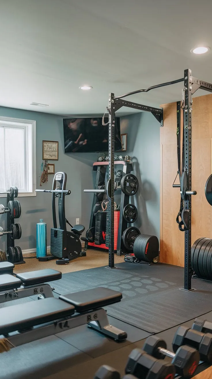 My home fitness journey thrives in this dedicated indoor gym.  This fitness studio, cleverly designed within the basement, provides a complete workout area with a full range of gym equipment for strength training and cardio.  The fitness room's gym setup is perfect for my personal gym needs, creating a weightlifting space and cardio area all in one convenient exercise room.  It's my personal sanctuary for home fitness.