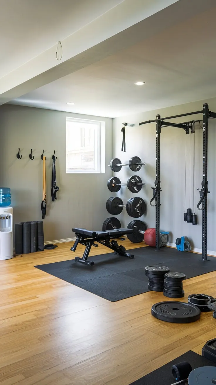 Sleek Basement Gym Featuring Diverse Equipment and Light