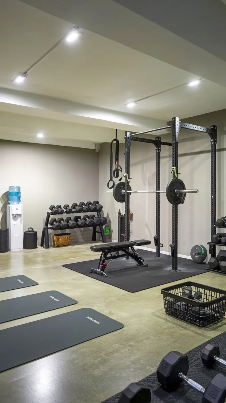 Sleek Basement Gym Featuring Diverse Equipment and Bright Lighting