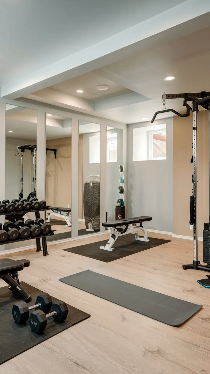 Sleek Modern Basement Gym with Diverse Workout Equipment