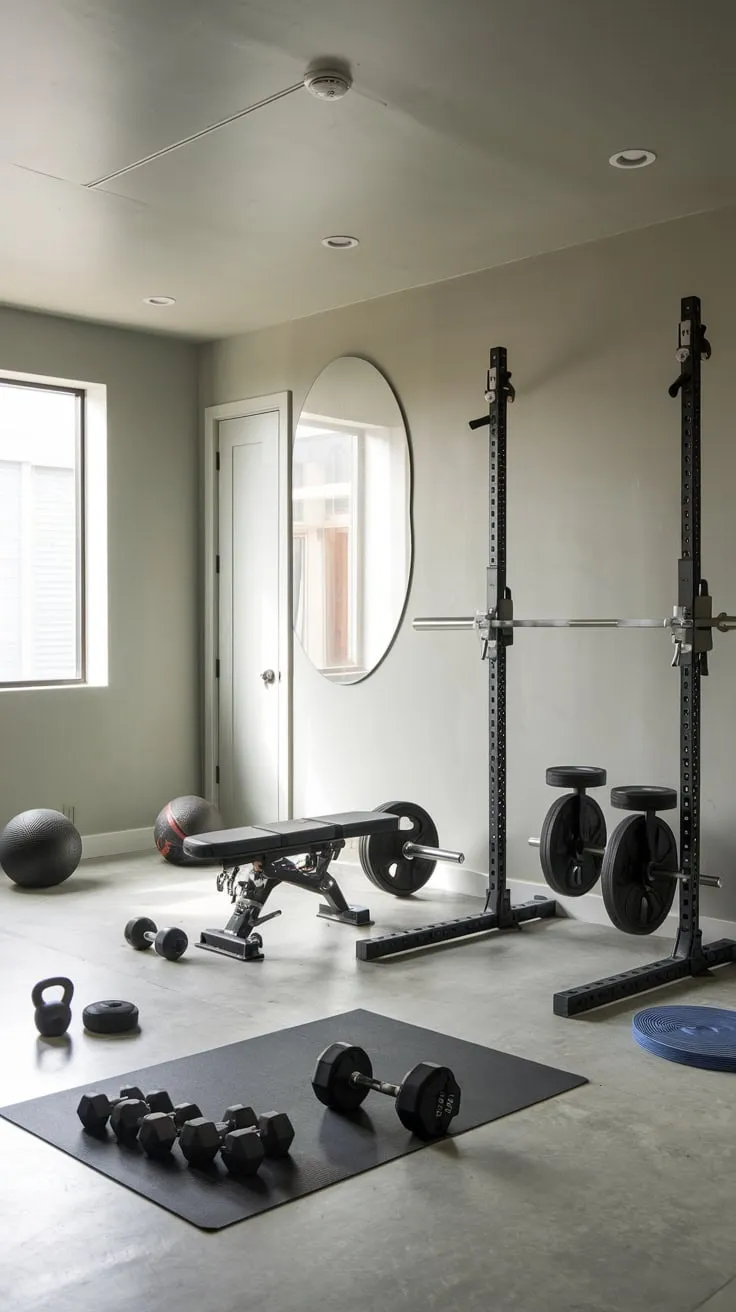 Sleek Basement Gym Featuring Essential Strength Training Equipment