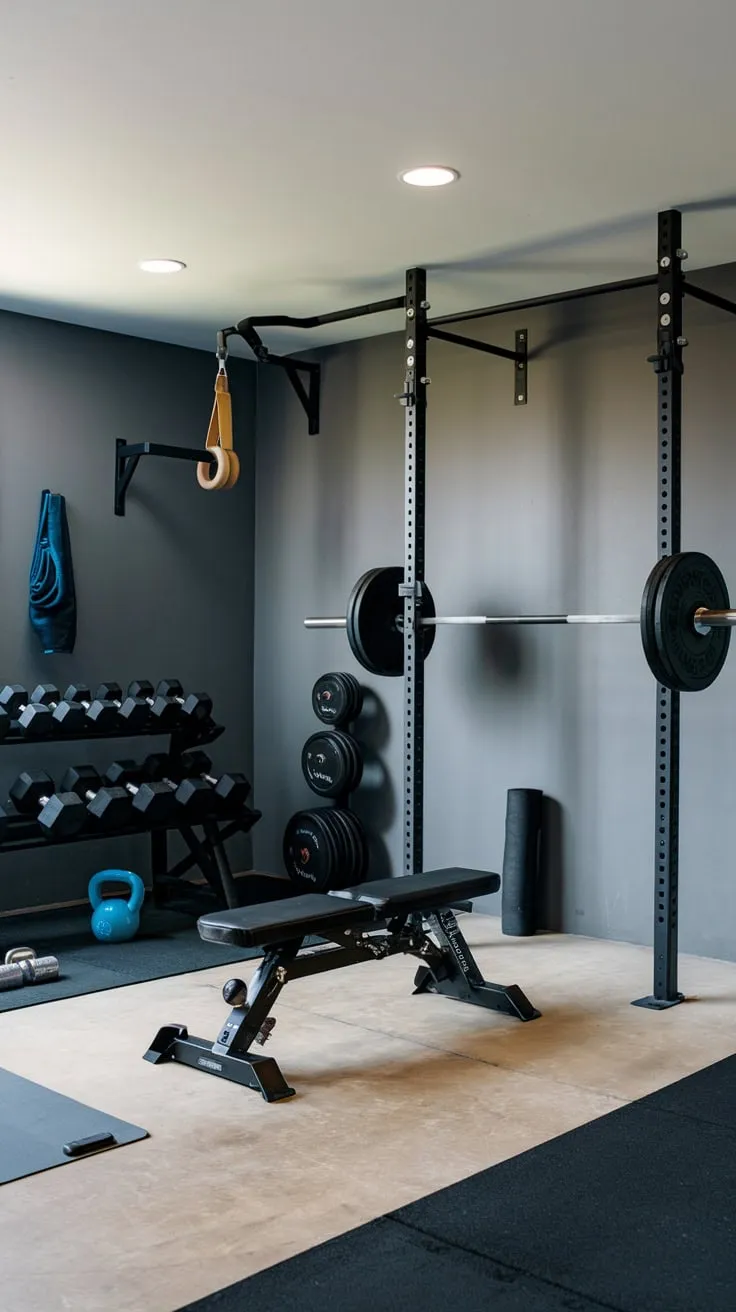 Sleek Modern Basement Gym with Essential Workout Equipment
