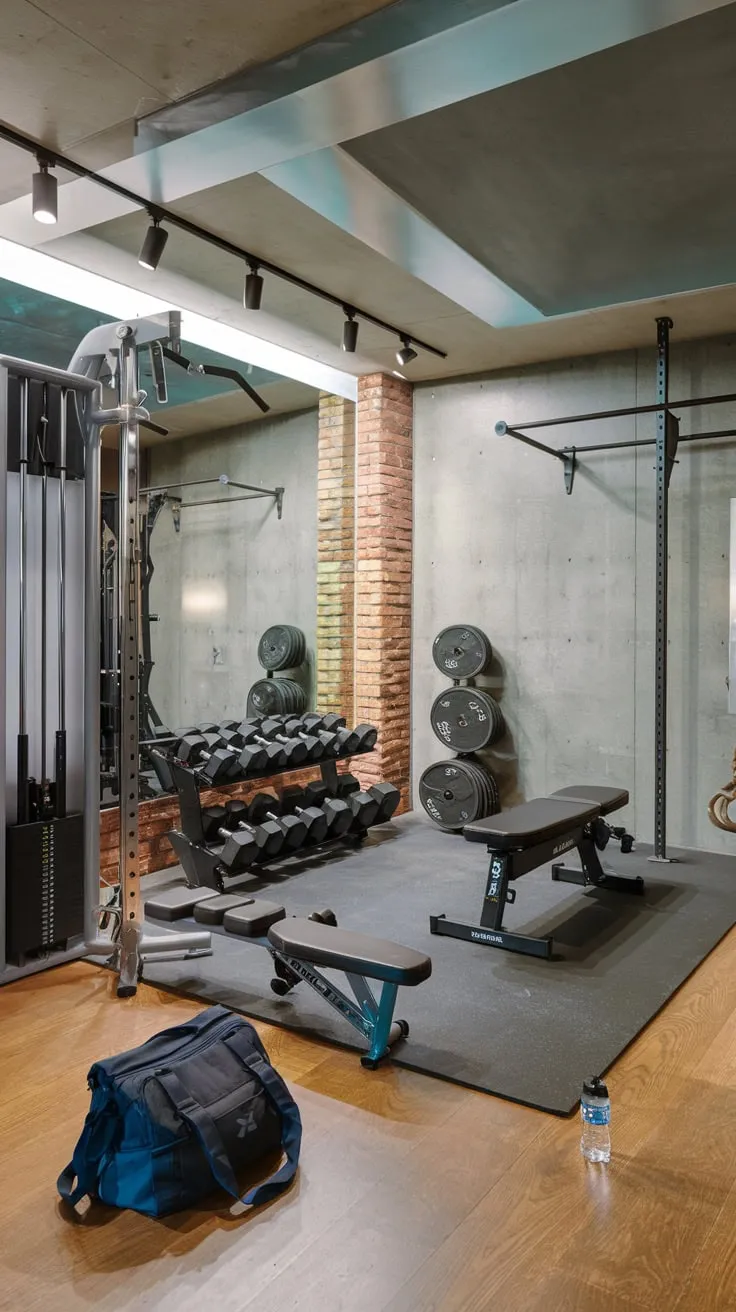 Sleek Basement Gym Featuring Diverse Equipment and Style