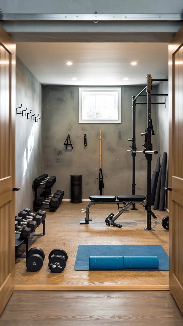 Modern Basement Gym Featuring Diverse Equipment and Light