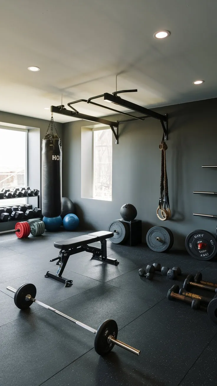 Sleek Basement Gym Featuring Heavy Bag and Weights