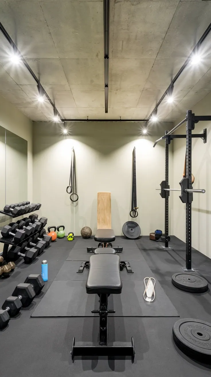 Sleek Basement Gym Design Featuring Diverse Fitness Equipment