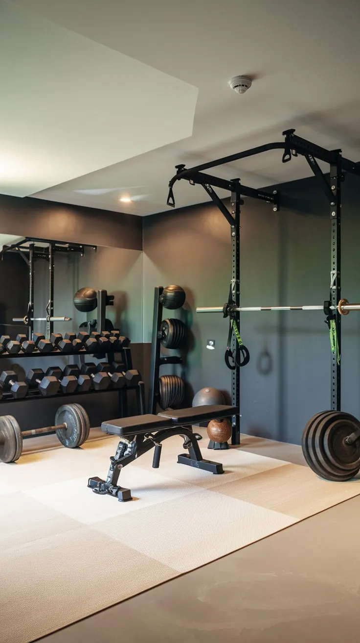 Sleek Basement Gym Featuring Diverse Fitness Equipment Setup