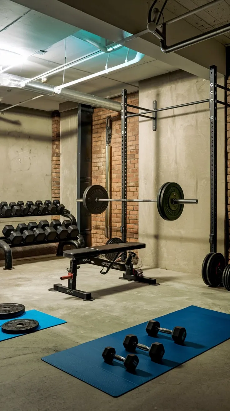 Sleek Modern Basement Gym Featuring Diverse Workout Equipment