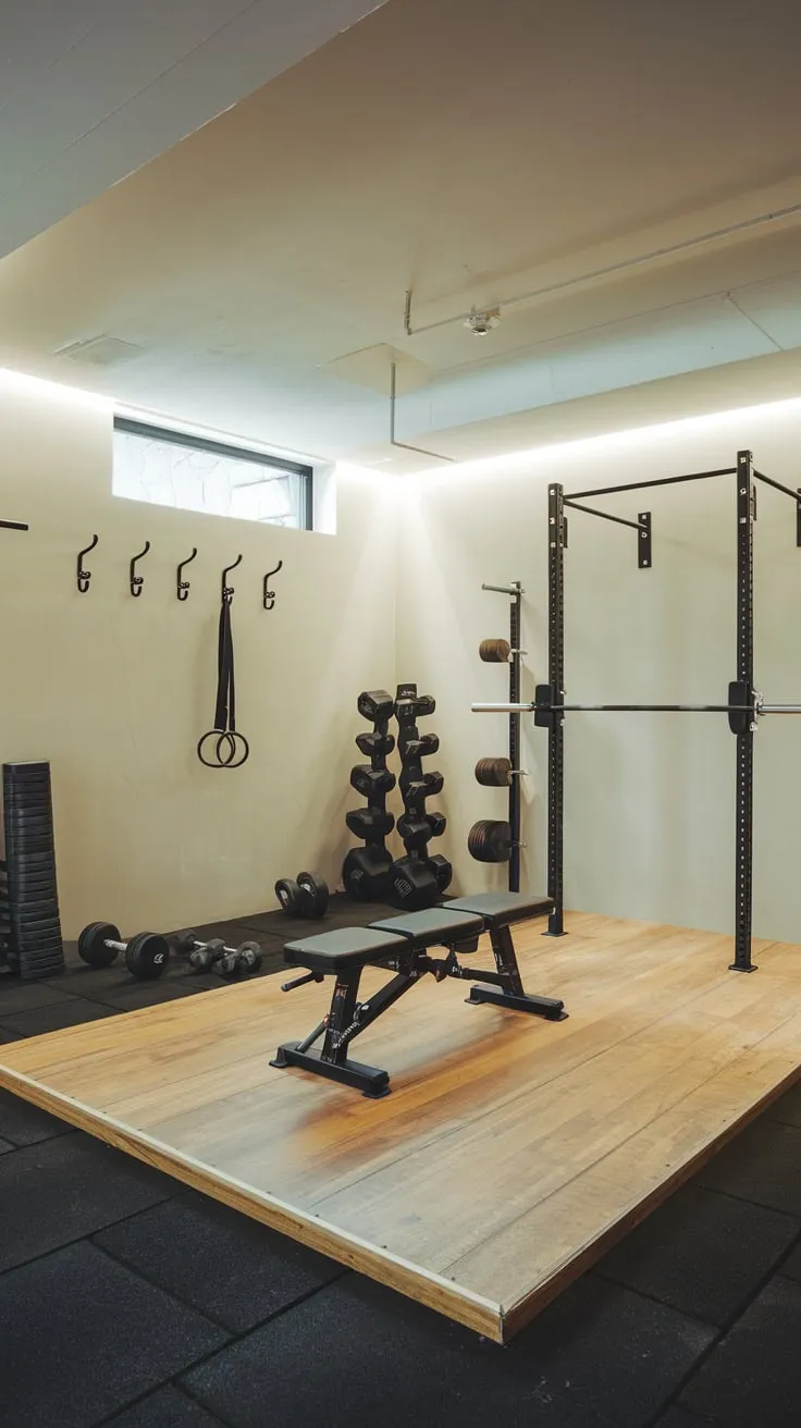 Modern Basement Gym Featuring Wooden Floor and Equipment