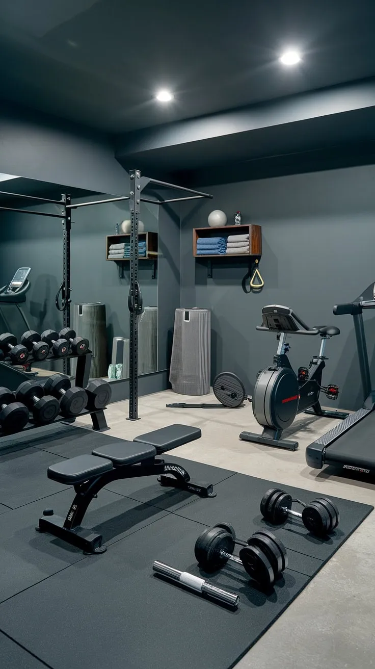 This basement gym is the ultimate personal gym, a dedicated workout space transformed into a fitness area for serious strength training.  The comprehensive gym setup, boasting gym equipment like a rowing machine and treadmill for cardio, alongside a full weightlifting space with dumbbells, barbell, and weight plates, makes this home fitness haven a true exercise room and fitness studio.  The thoughtful gym design maximizes this indoor gym's potential as a training space.