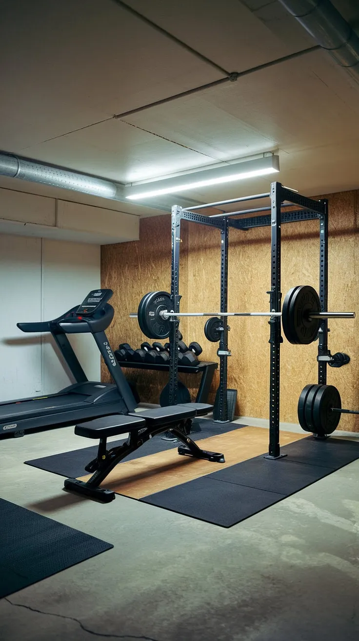 This basement gym setup is the ultimate personal gym, transforming a forgotten space into a dedicated workout area.  The combination of strength training equipment like the weightlifting rack and dumbbells, alongside a cardio area featuring the treadmill, makes this home fitness haven a complete fitness studio for any workout routine.  The gym design, with its wooden paneling and bright lighting, creates a motivating and functional exercise room.