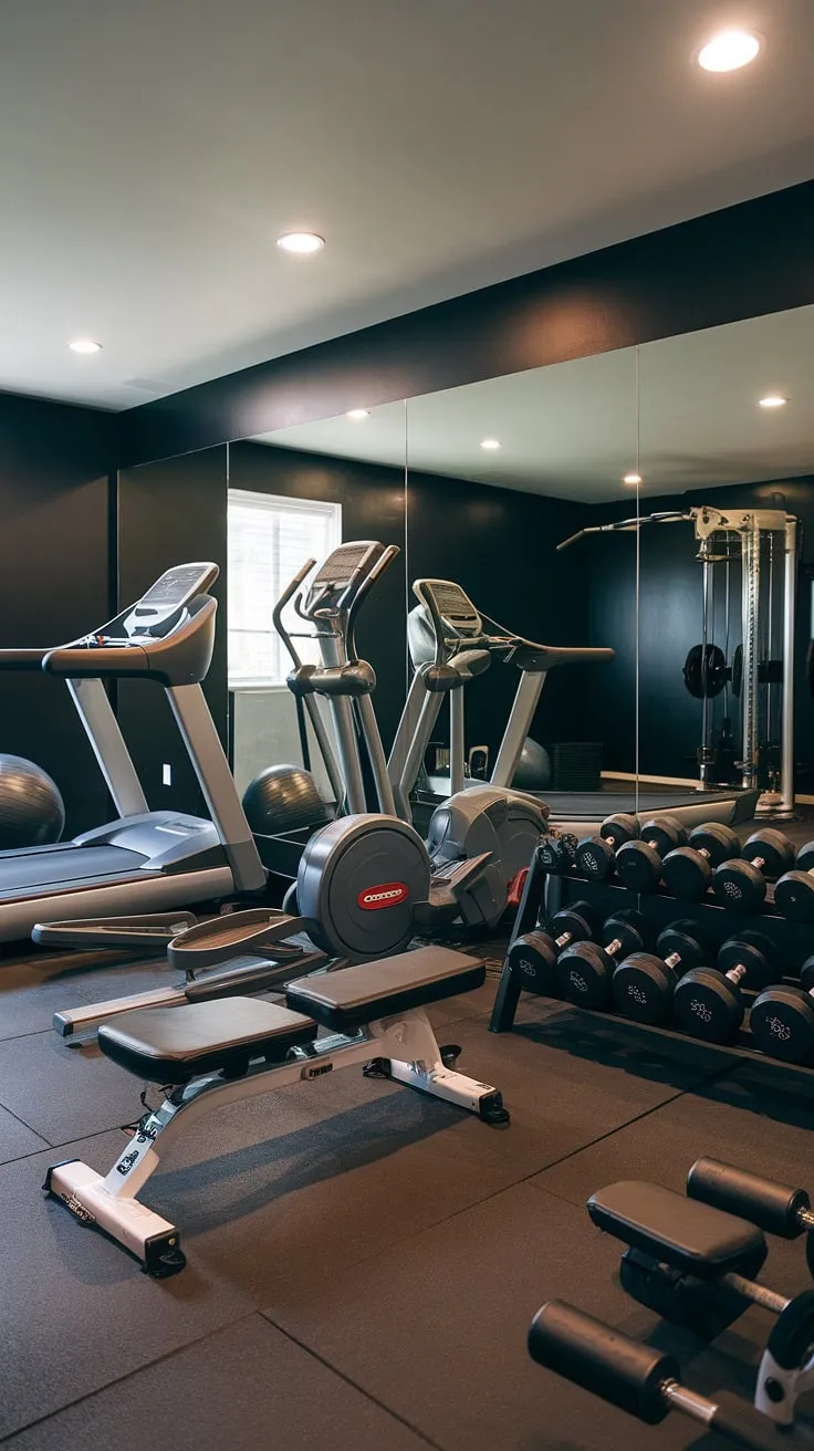 My personal fitness sanctuary: This basement gym, complete with cardio area (treadmill and elliptical), strength training equipment (free weights, weight bench), and a motivating mirror, is my dedicated workout space.  The perfect home gym setup for focused fitness sessions.  It's more than just a fitness area; it's my exercise room, my weightlifting space, my fitness studio—a complete home fitness solution.