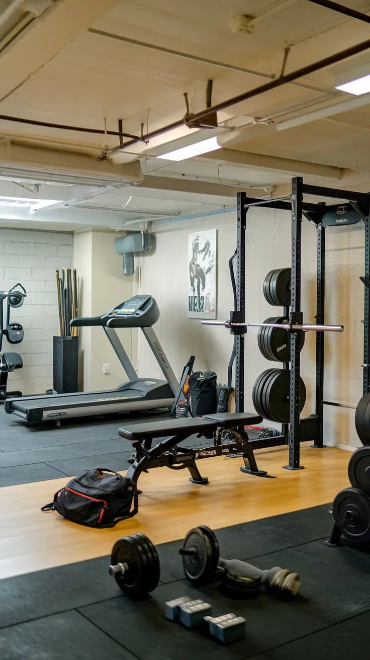 My home gym, my sanctuary. This indoor gym, cleverly designed in the basement, provides the perfect training space.  The gym equipment is thoughtfully arranged in this workout area, offering a dedicated weightlifting space and a cardio area.  This fitness room, my personal gym, is a testament to the power of a well-planned gym setup, transforming a simple exercise room into a fully functional fitness studio.