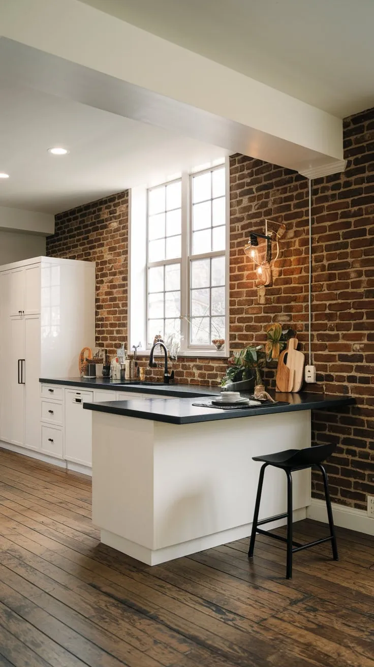 Sleek Modern Basement Kitchen with Brick and Brightness