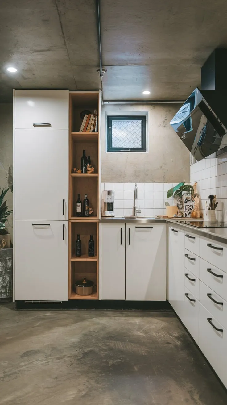 Sleek Modern Basement Kitchen with Bright Concrete Aesthetic