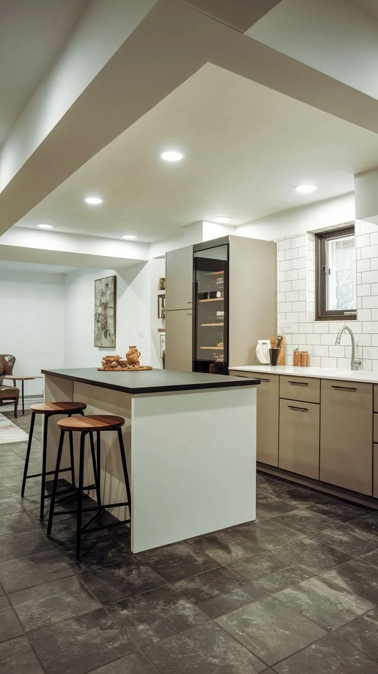 Sleek Modern Basement Kitchen with Stylish White Island