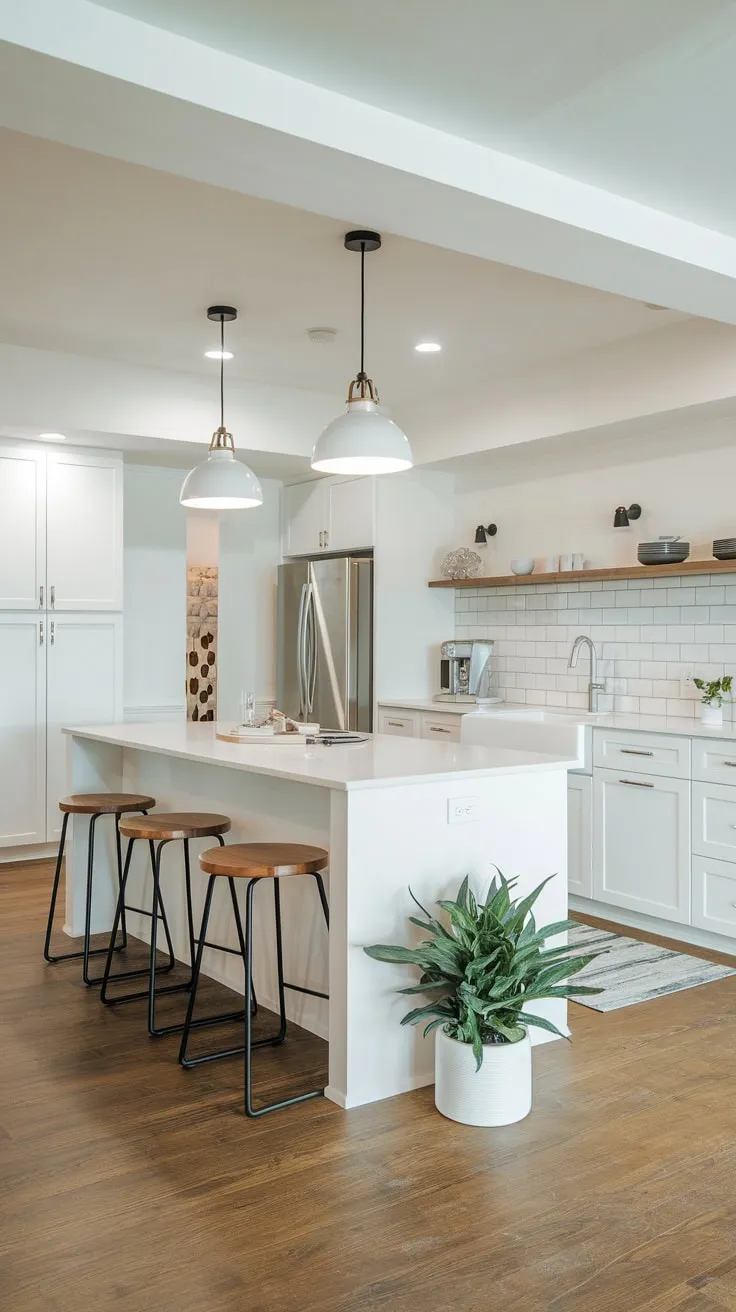 Sleek Modern Basement Kitchen with White Island Elegance