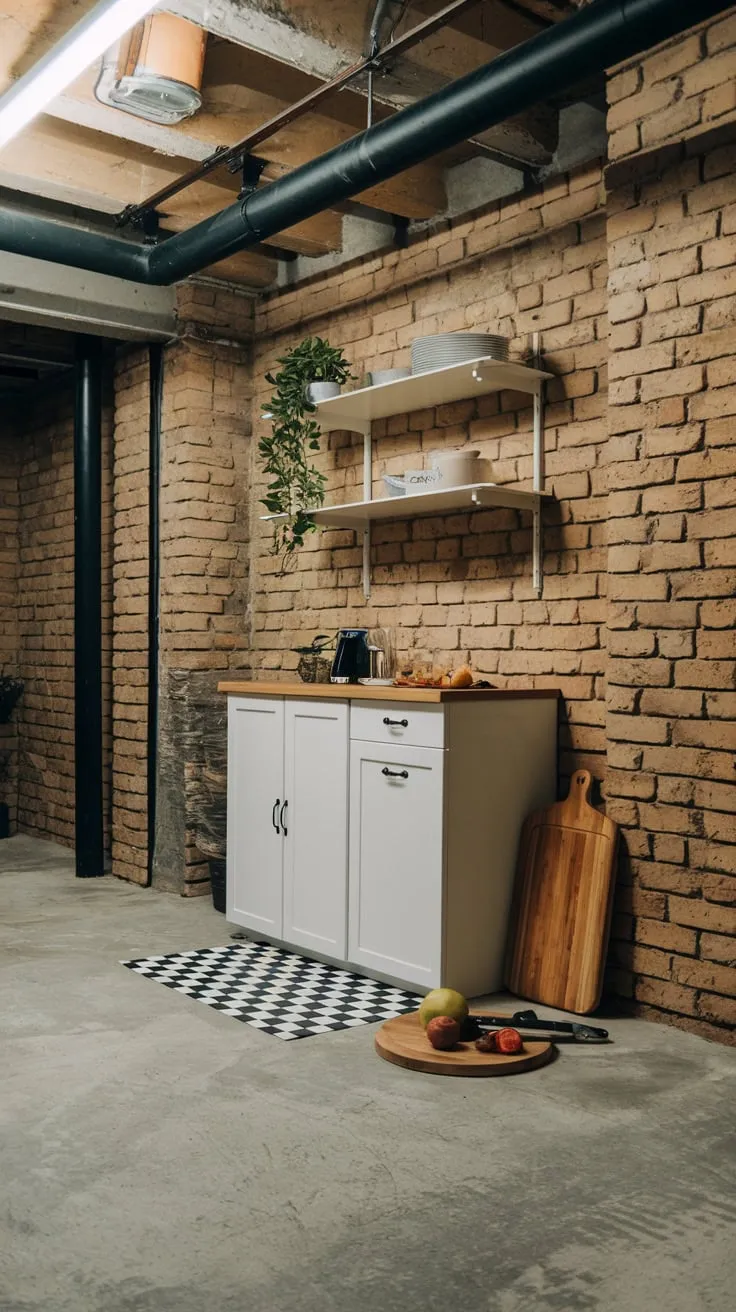 Stylish Modern Basement Kitchen with Exposed Brick Walls