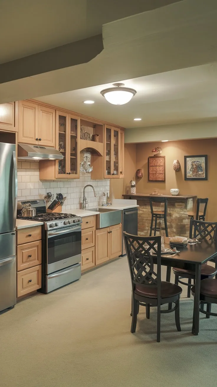Unveiling a hidden gem: a sophisticated basement kitchenette that seamlessly blends functionality and style. This basement cooking area boasts a complete range of appliances, a spacious basement food preparation area, and a charming basement dining space.  The integrated basement pantry and basement bar area transform this basement utility kitchen into a versatile basement entertaining space, perfect for both intimate gatherings and larger celebrations.