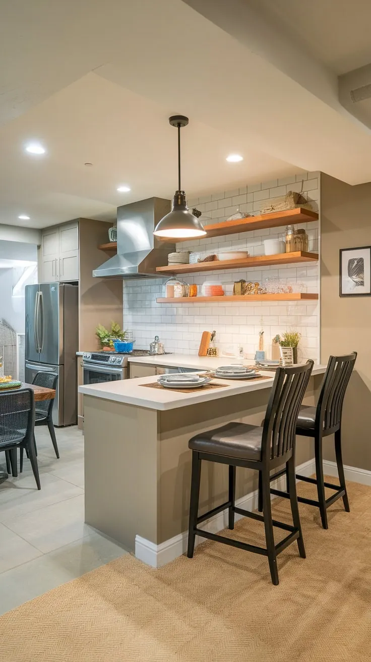 This fully equipped basement kitchen is a revelation!  From the spacious basement cooking area and dedicated basement meal prep zone to the cozy basement dining space and well-stocked basement pantry, it's the ultimate basement culinary space.  The basement bar area adds a touch of sophistication, perfect for basement entertaining.  Even a basement utility kitchen with laundry facilities is seamlessly integrated. This basement home kitchen is a dream come true.