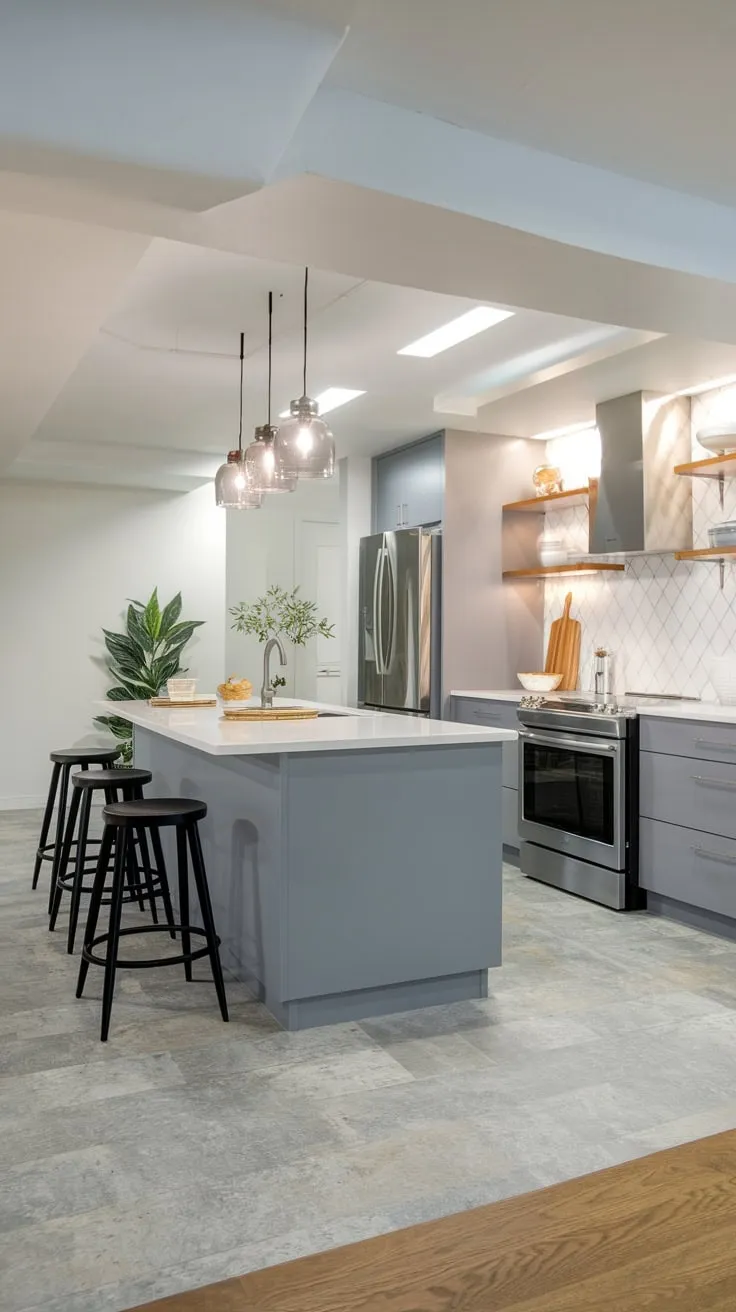 Sleek Modern Basement Kitchen with Gray Island Elegance