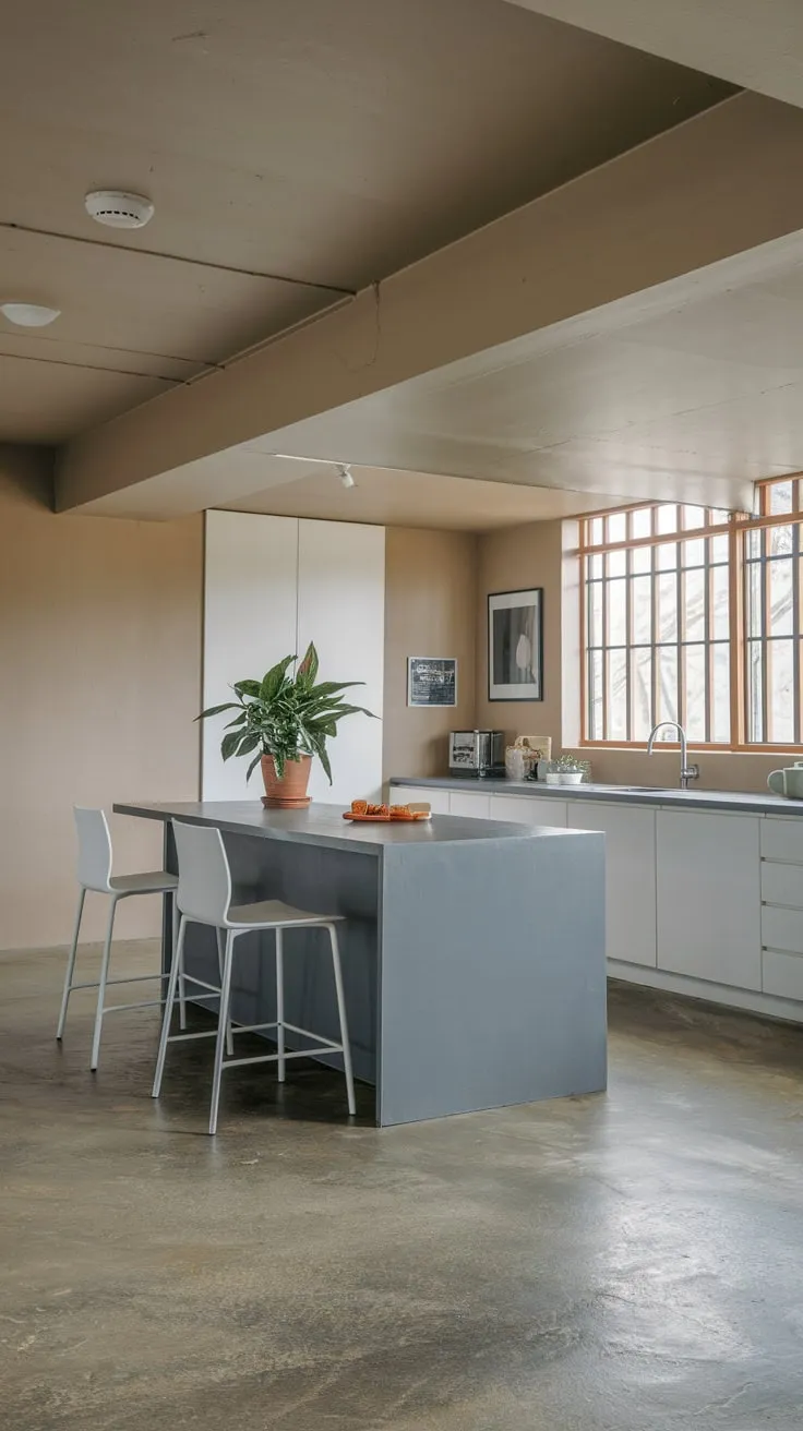 Stylish Modern Basement Kitchen with Grey Island Elegance