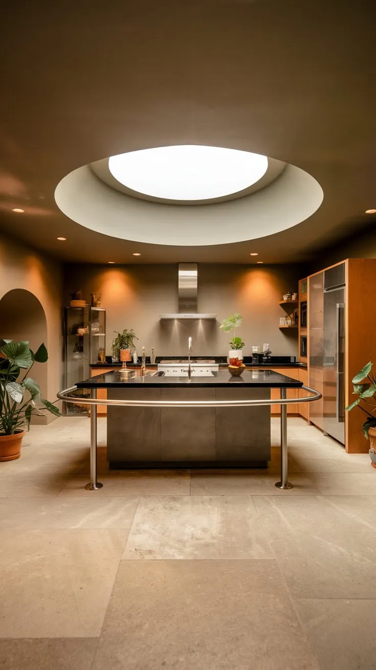 Modern Basement Kitchen Featuring Unique Design and Skylight