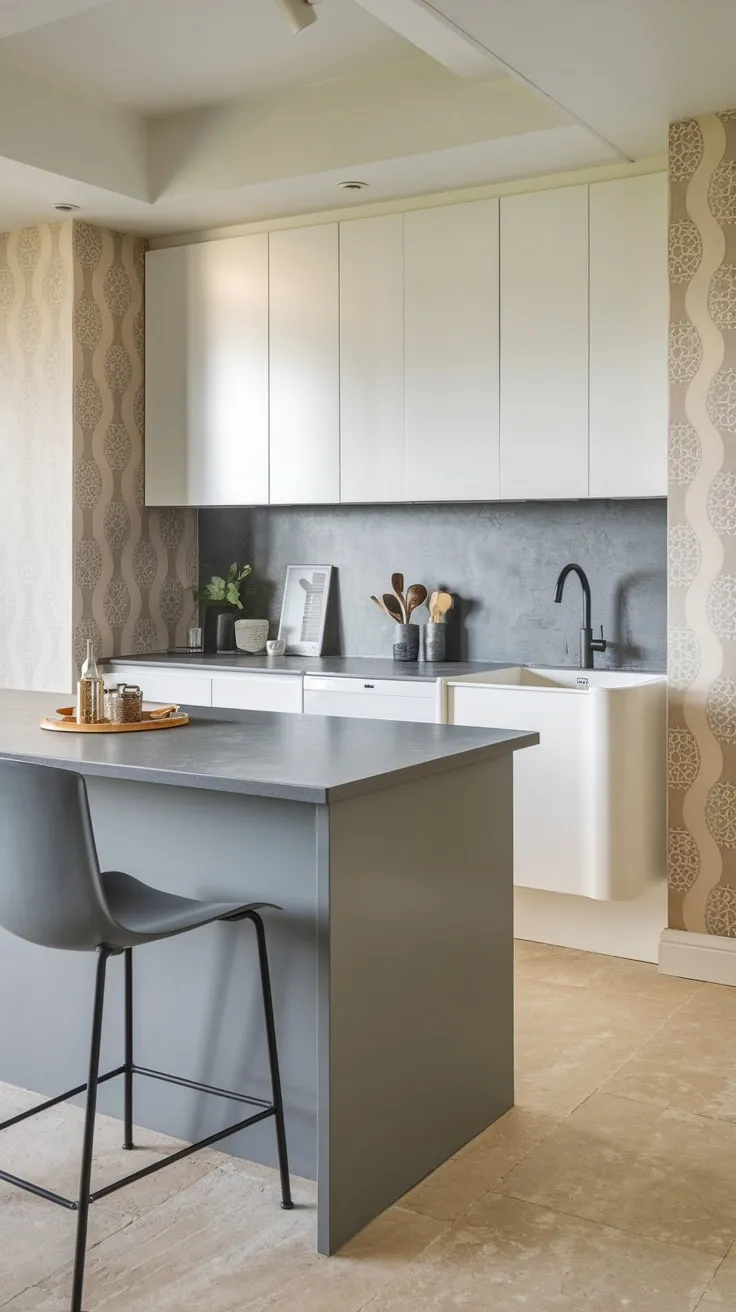 Sleek Modern Basement Kitchen with Grey Island Elegance