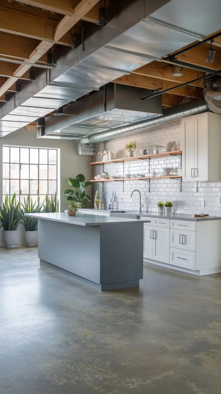 Bright Modern Basement Kitchen with Gray Island Elegance