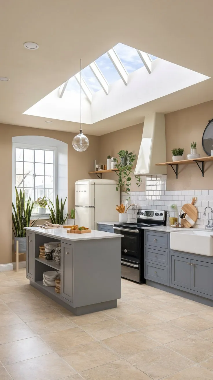 Stylish Modern Basement Kitchen with Skylight and Plants