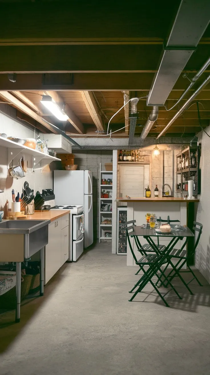 Unveiling a hidden gem: a fully functional basement kitchen. This basement cooking zone boasts a dedicated basement food preparation area, a well-stocked basement pantry for basement food storage, and a cozy basement dining space perfect for intimate gatherings.  The integrated basement bar area adds a touch of elegance, while the exposed beams and concrete floor maintain the basement's raw charm. This basement kitchenette is more than just a basement cooking area; it's a complete basement culinary space designed for effortless basement entertaining.