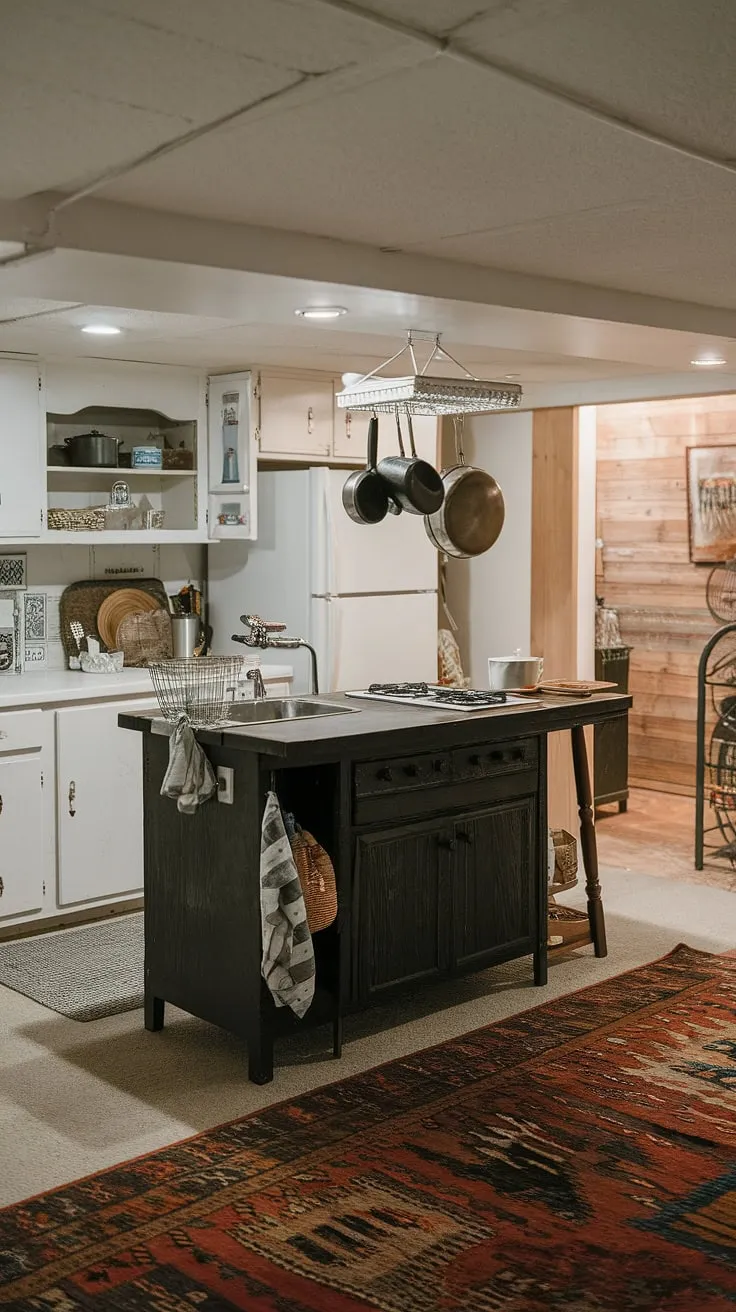 This cozy basement kitchen, a perfect blend of function and style, offers a complete culinary experience.  The dark wood island anchors the space, providing ample prep space, a sink for easy cleanup, and a stovetop for quick meals.  With integrated food storage, a dedicated pantry, and even a potential bar area, this basement cooking zone is ideal for basement meal prep, entertaining guests, or simply enjoying a quiet dinner in your own private basement dining space.  It's more than just a basement kitchenette; it's a fully functional basement home kitchen, a basement food preparation area, and a welcoming basement entertaining space.