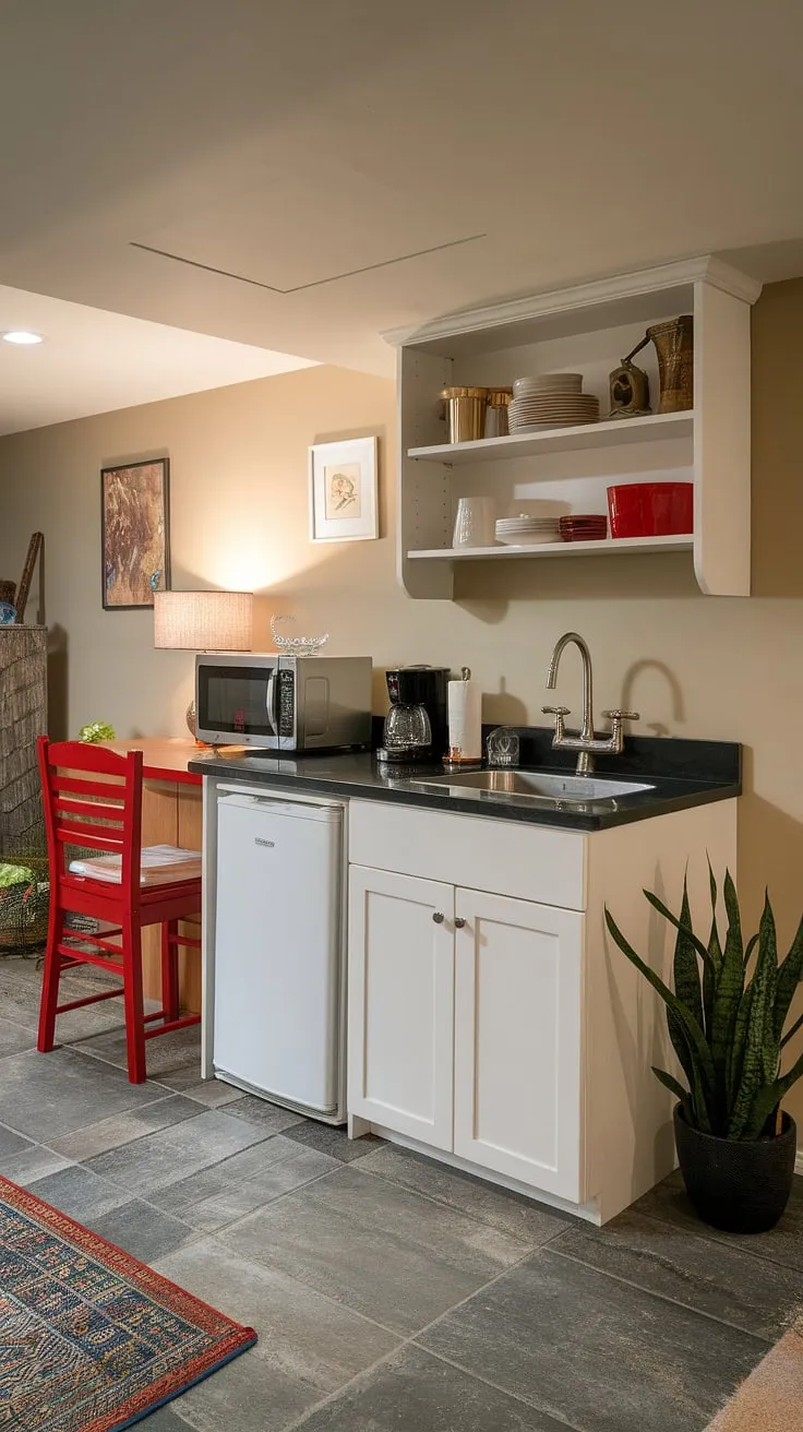 This cozy basement kitchenette, a perfect blend of function and style, offers a dedicated basement cooking space for quick meals and drinks. The compact design maximizes space, providing a basement food preparation area, basement food storage, and even a small basement dining space with the red chair.  It's the ideal basement culinary space for basement meal prep, transforming this basement utility kitchen into a charming basement entertaining space.