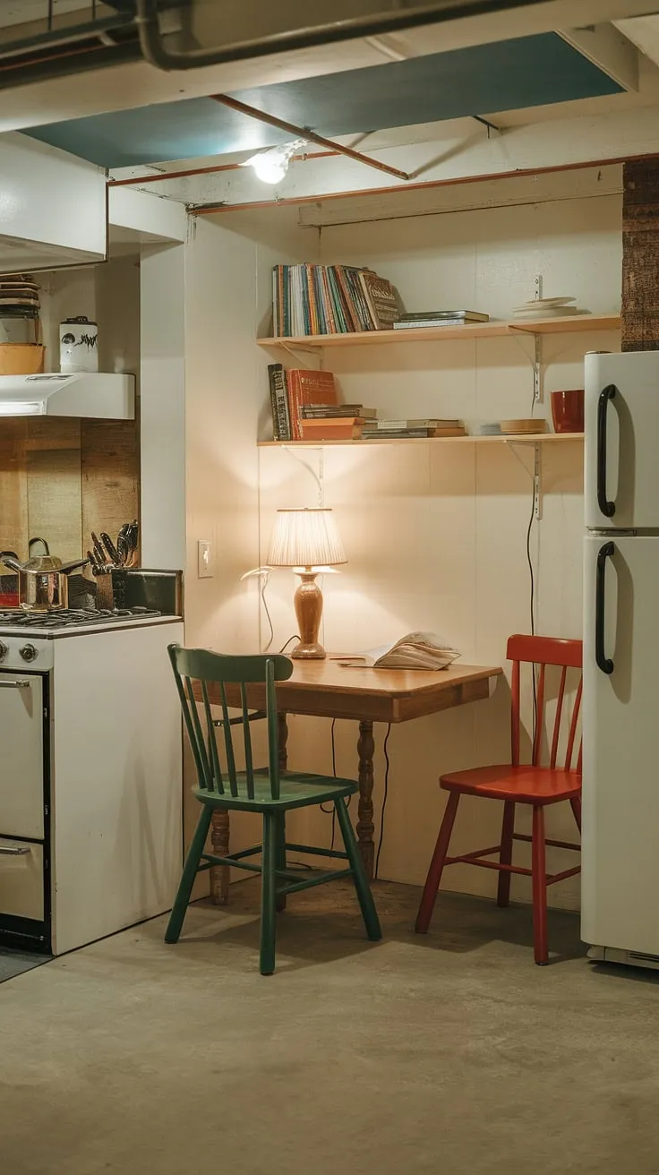 This cozy basement kitchen, a surprisingly versatile basement culinary space, seamlessly blends a functional basement food preparation area with a charming reading nook.  The basement home kitchen's efficient design, including ample basement food storage and a convenient basement pantry, makes basement meal prep a breeze.  Even the basement bar area feels inviting in this unexpectedly delightful basement entertaining space.