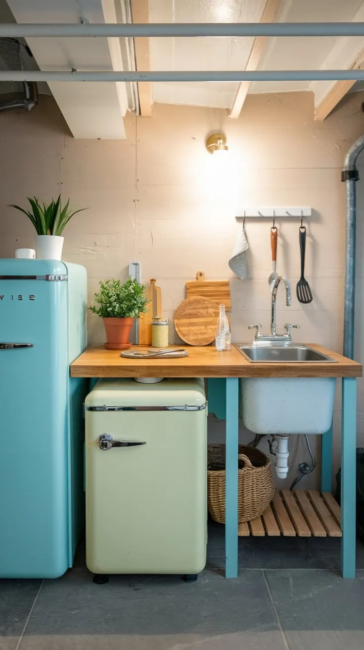 Charming Vintage Basement Kitchenette with Cozy Details