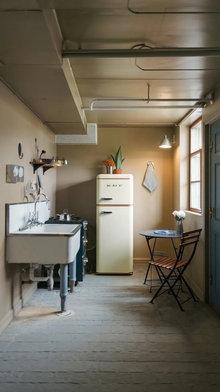 Cozy Basement Kitchenette with Modern Fridge Design