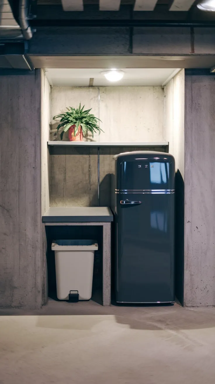 Stylish Basement Kitchenette Featuring Dark Grey Fridge
