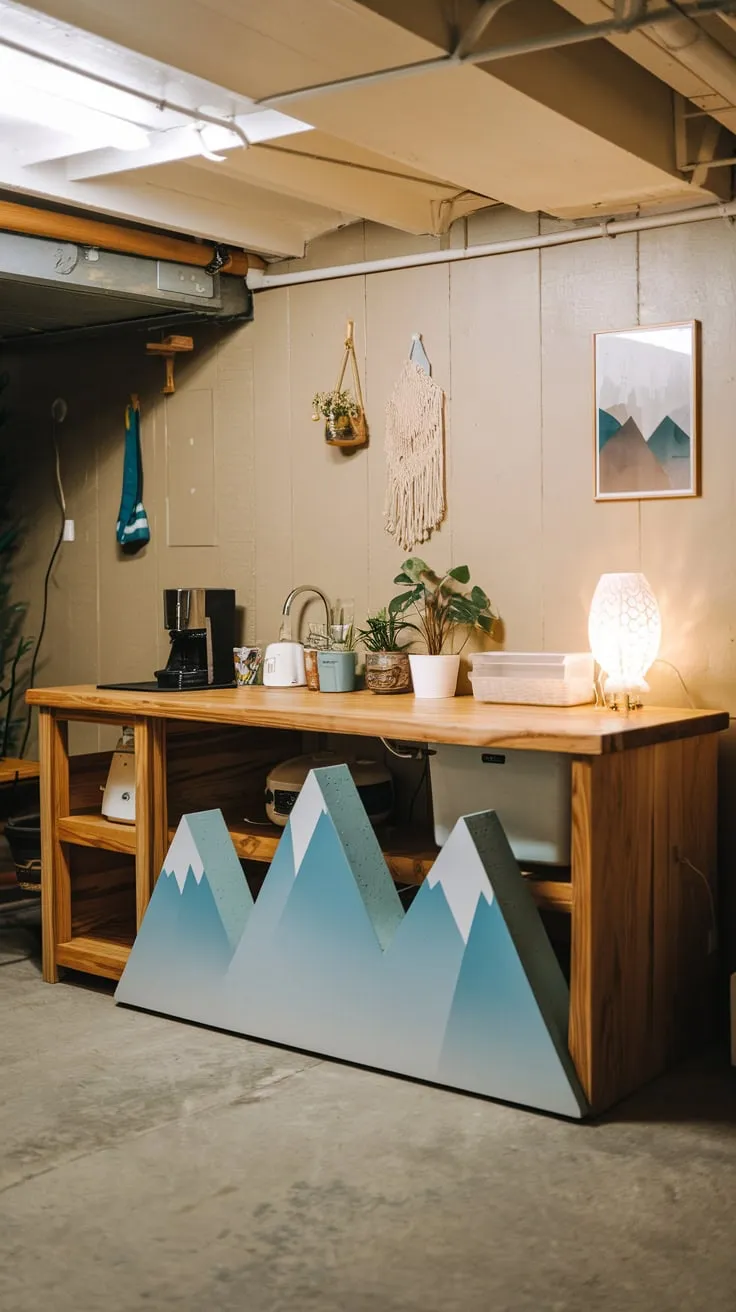 Unique Mountain Range Fridge in Cozy Basement Kitchenette