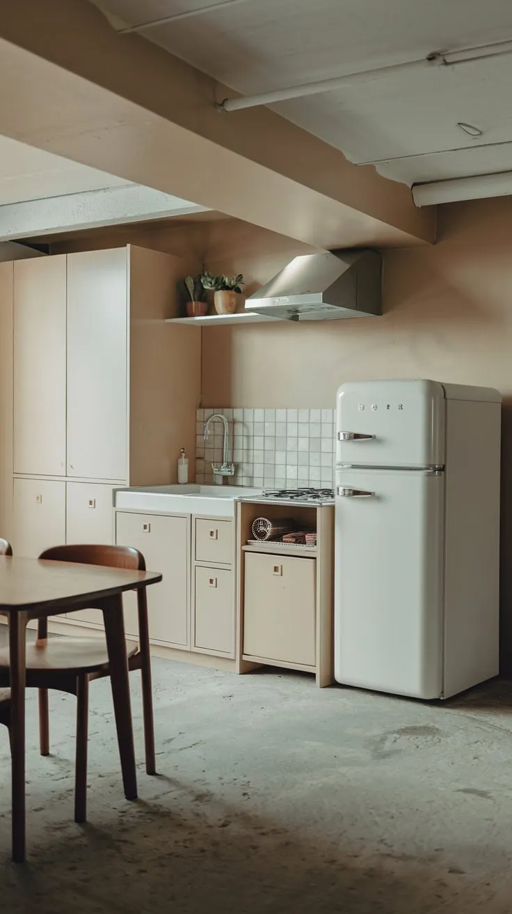 Cozy Basement Kitchenette with Soft Lighting and Comfort
