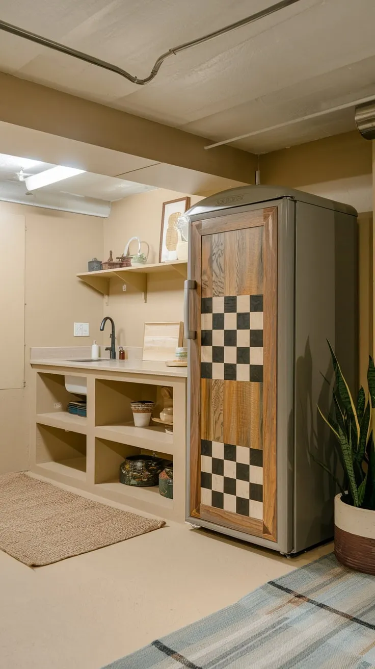 Charming Basement Kitchenette Featuring Unique Checkerboard Fridge