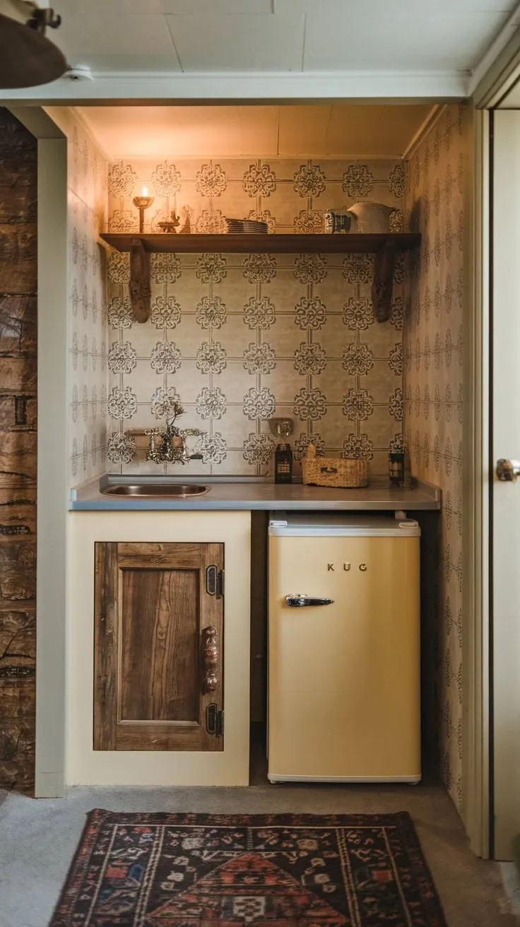 Charming Basement Kitchenette with Decorative Touches and Warmth