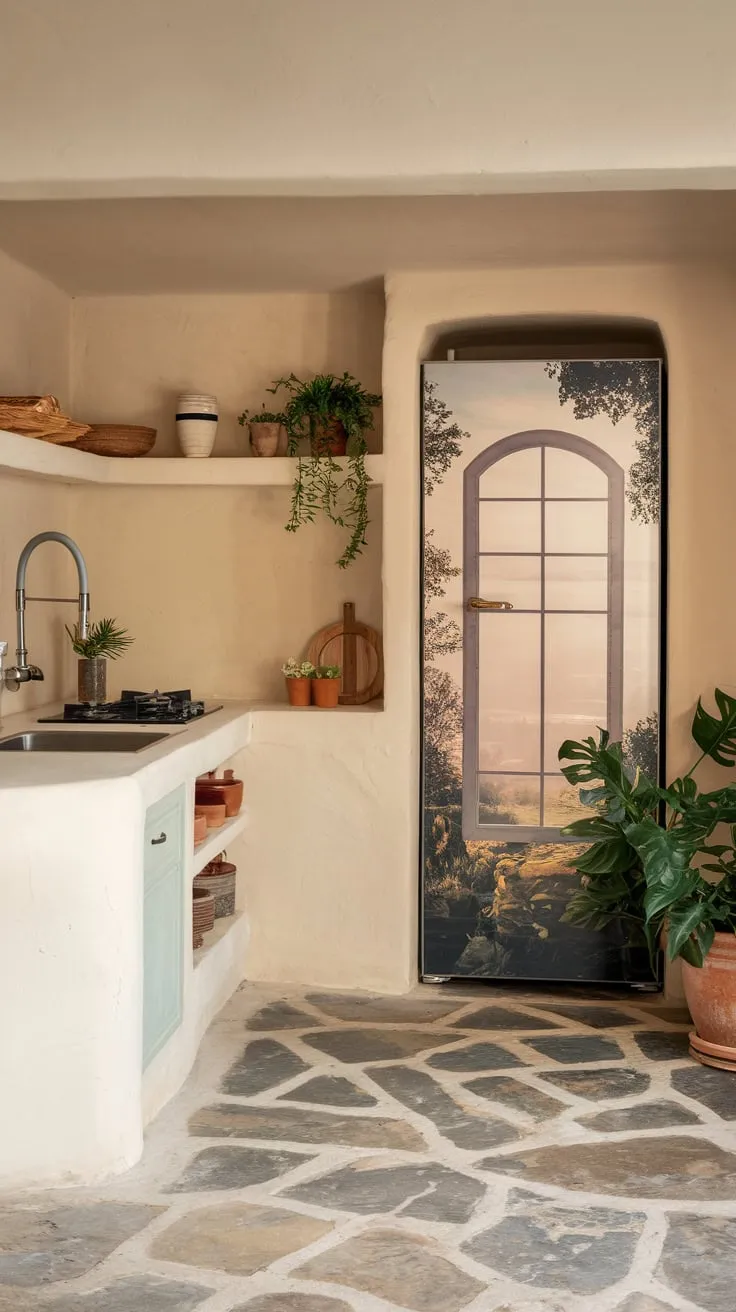 Charming Basement Kitchenette with Unique Fridge Design