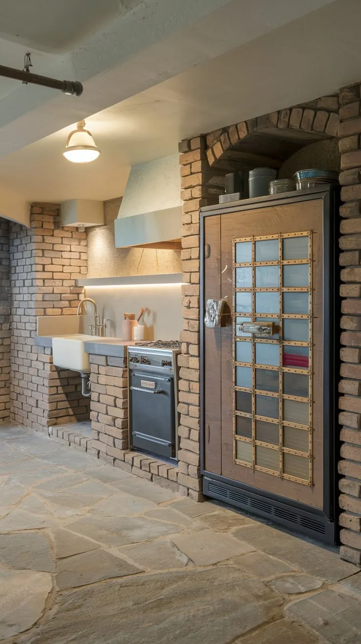 Charming Basement Kitchenette with Unique Fridge Design