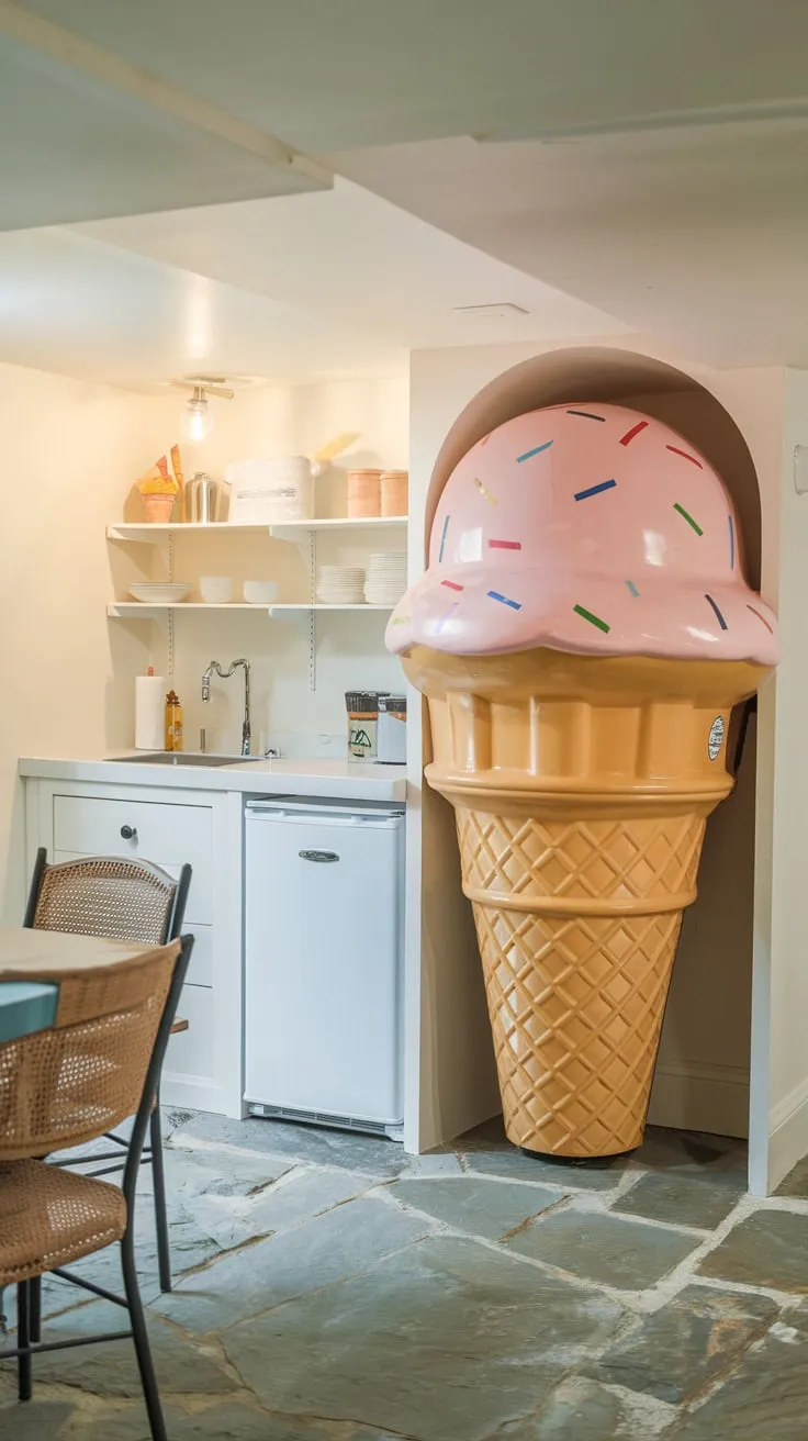 Whimsical Basement Kitchenette Featuring Ice Cream Cone Fridge