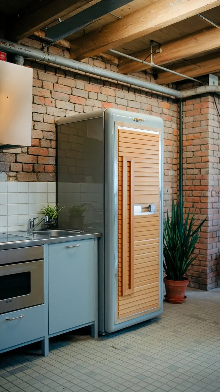 Charming Basement Kitchenette Featuring Unique Wooden Fridge