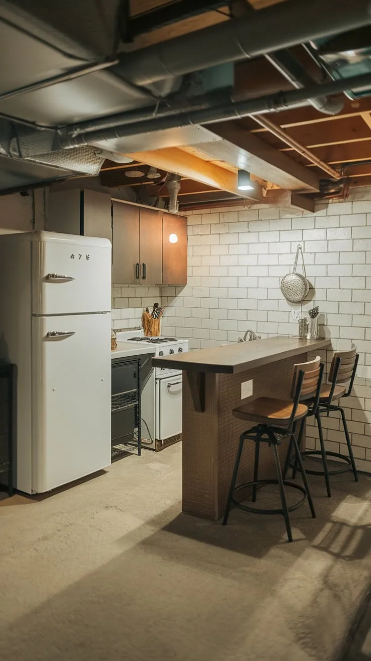 This compact kitchenette, cleverly tucked away in the basement, proves that even a small kitchen can be stylish and functional.  The kitchenette with fridge, mini kitchen appliances, and basement bar create the perfect cozy basement cooking space and entertainment area.  A brilliant kitchenette design for maximizing limited space.