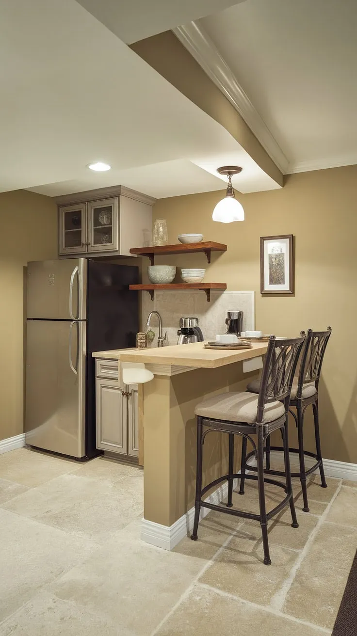Cozy and efficient, this basement kitchenette with fridge offers a surprisingly spacious kitchen area.  The small kitchen's design maximizes every inch, creating a charming basement kitchen and a convenient basement bar for entertaining.  This basement cooking space is a testament to thoughtful kitchenette design.